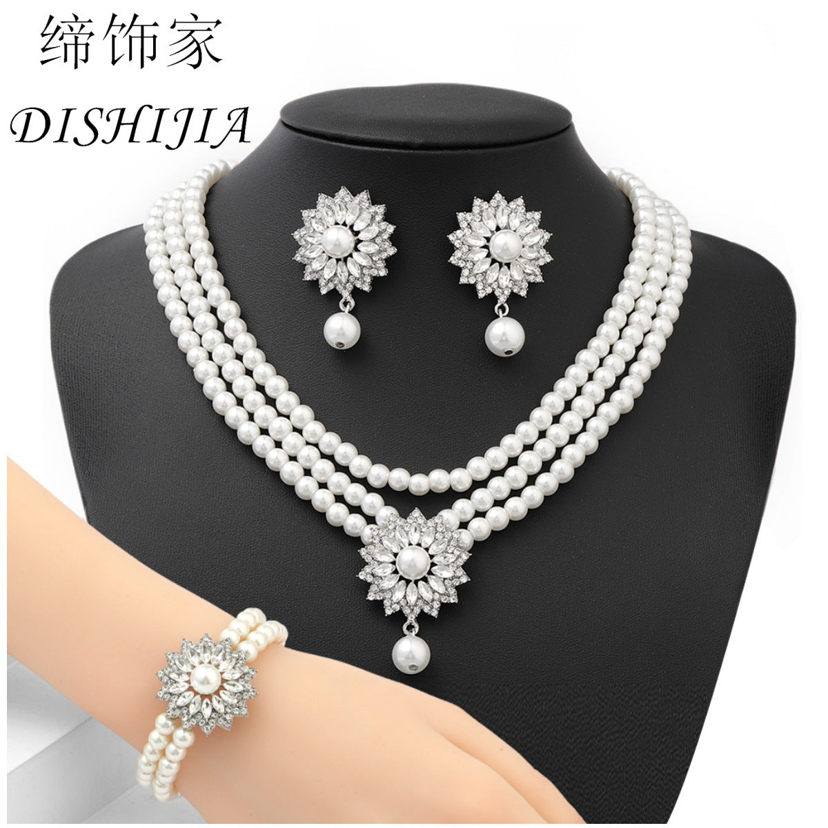 Minimalist Snowflake Pearl Necklace Set with Rhinestone Pendant, Plated Pearl Bracelet and Earrings for Women