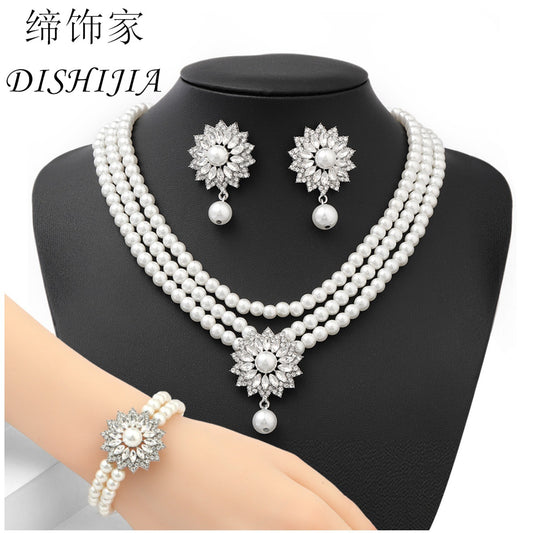 Minimalist Snowflake Pearl Necklace Set with Rhinestone Pendant, Plated Pearl Bracelet and Earrings for Women
