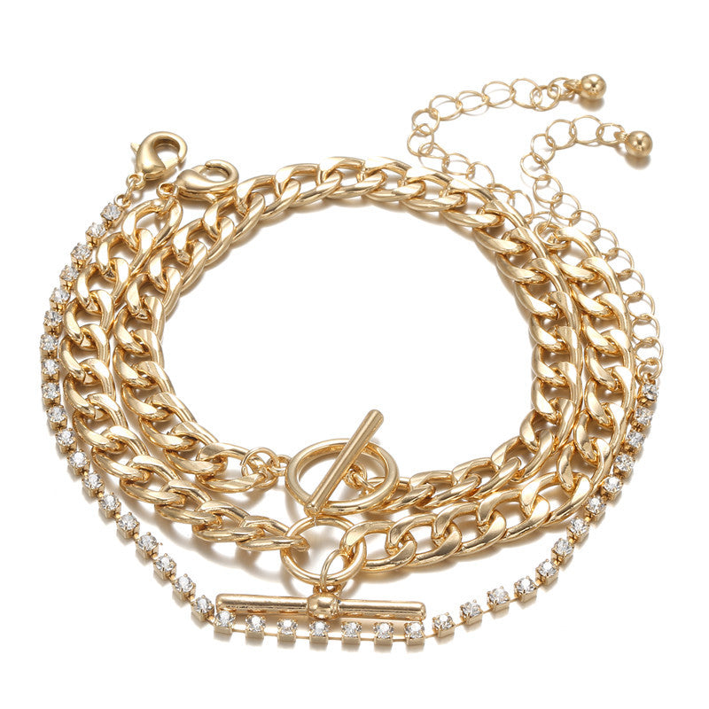 Vintage Elegant Geometric Round Rhinestone Plated Alloy Cable Chain Bracelet Set for Women