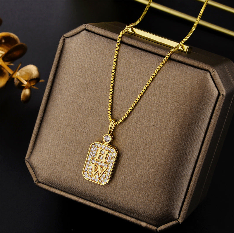 Minimalist Geometric HW Letter Pendant Necklace in Titanium Steel with Rhinestone Inlay and Plated Finish for Women