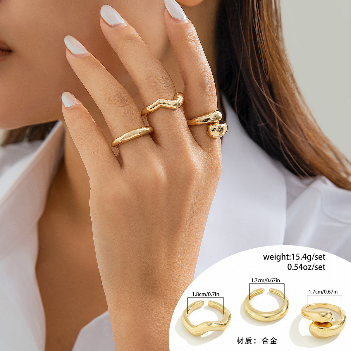 Minimalist Geometric Polished Alloy Ring Set for Women with Smooth Rounded Open Band Design
