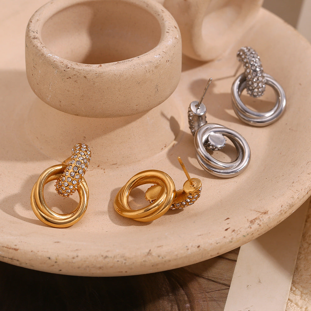 Fashionable Minimalist Geometric Stainless Steel Earrings with 18K Gold Plating and White Zirconia Round Hoop Design for Women