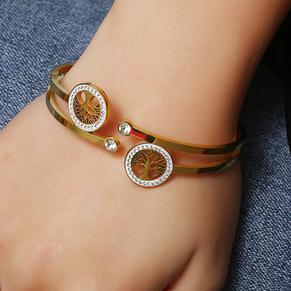 Adjustable Tree of Life Geometric Plated Titanium Steel Bracelet for Women with Leaf Pattern