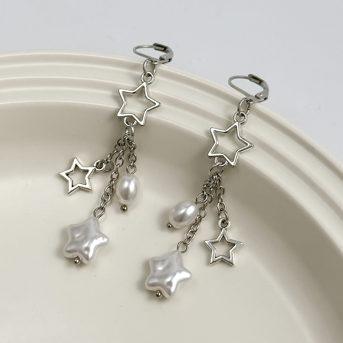 Orecchini Pendenti da Donna a Stella con Perle Finte "Rustic Chic" con Finitura Placcata