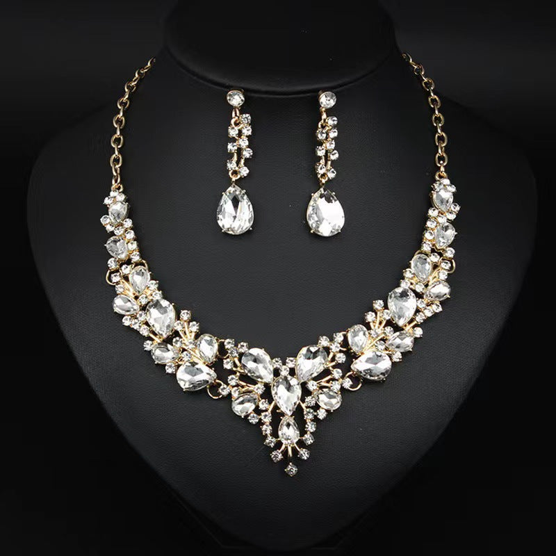 Juego de collar y pendientes de aleación con forma de lágrima estilo natural, con incrustaciones de diamantes de imitación para mujer, cadena corta de clavícula estilo O.