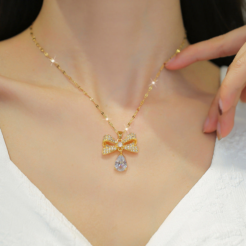 Luxury Titanium Steel Butterfly Pendant Necklace and Matching Stud Earrings Set with Micro-Pavé Detailing for Women