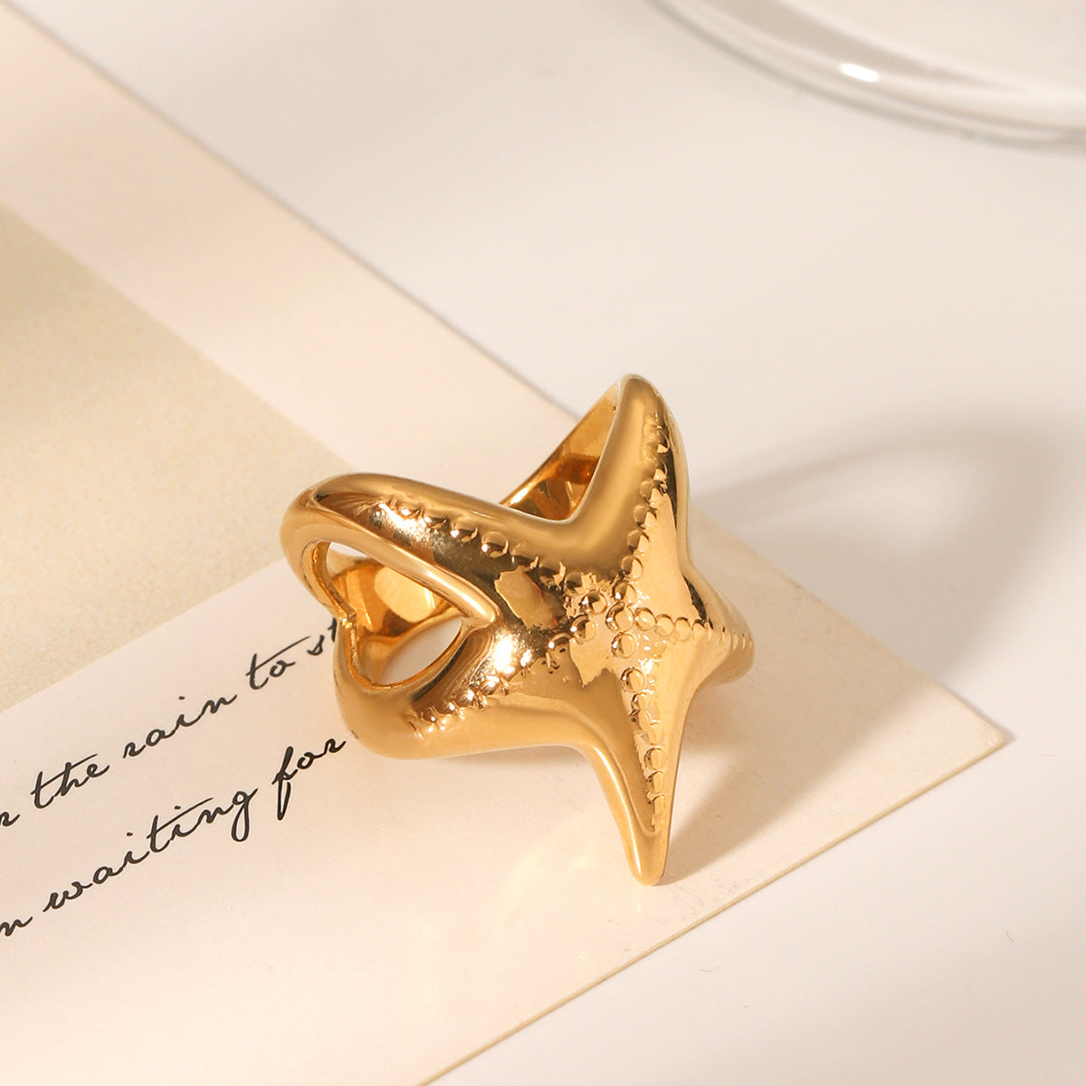 Anello da donna in acciaio inossidabile placcato oro 18 carati con stella marina stile oceano, gioielli geometrici con fusione animale