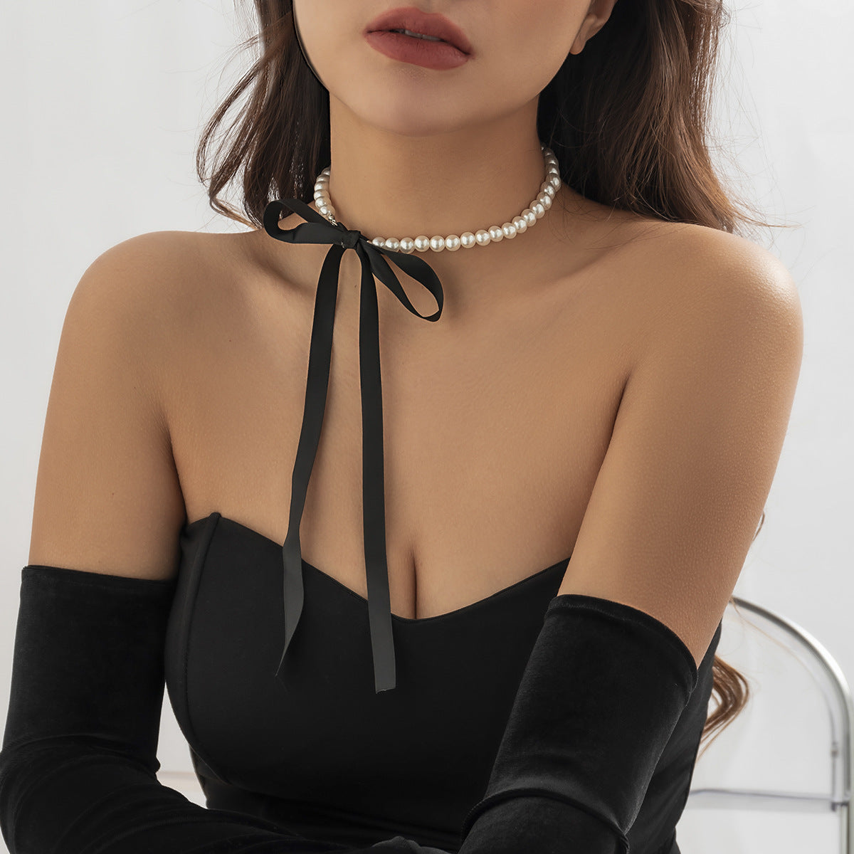 Sweet Geometric Imitation Pearl Ball Chain Necklace with Velvet Tassel DIY Charm Bar for Women