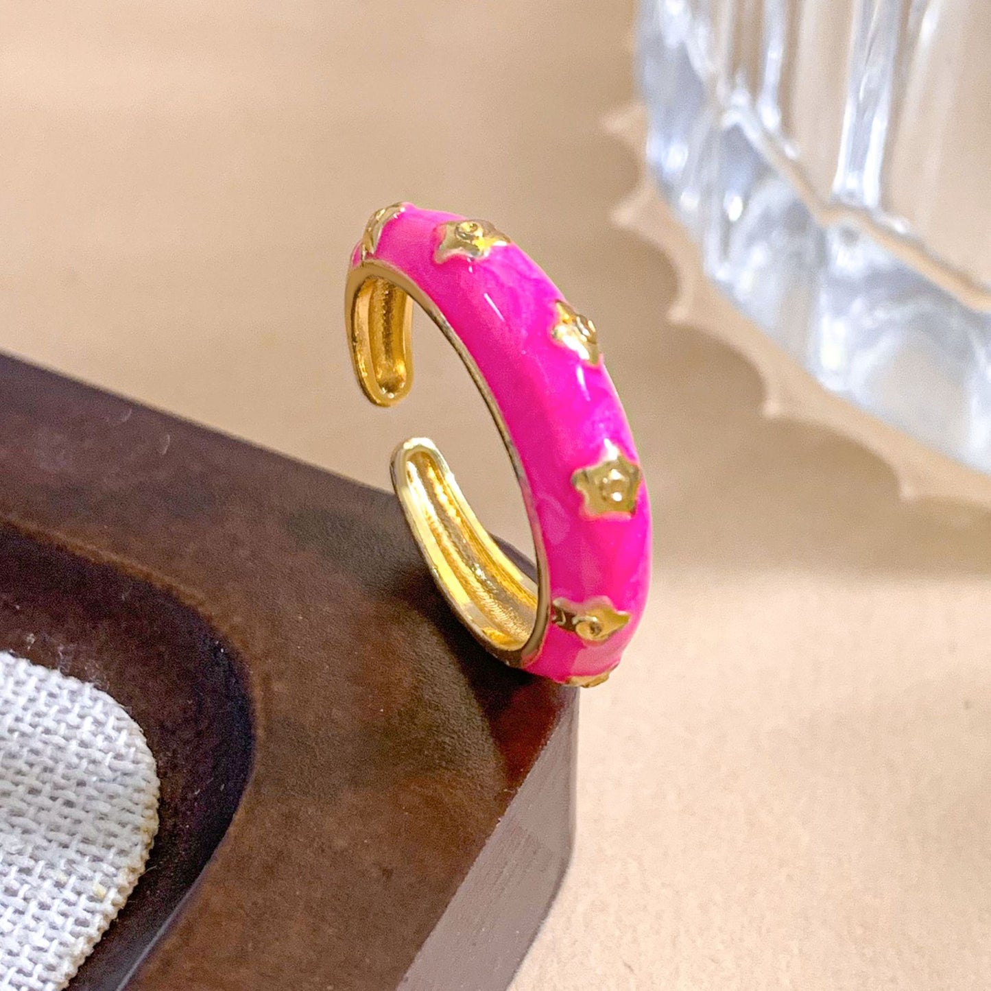 Vintage Sweet Gold Plated Brass Enamel Heart Adjustable Ring for Women