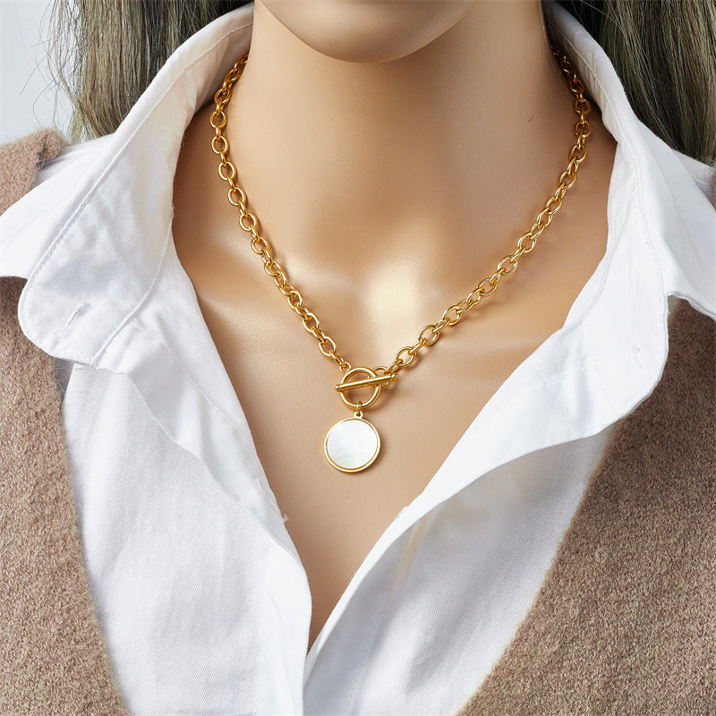 Minimalist Retro Geometric Round Pendant Titanium Steel Plated Necklace with O-Clasp