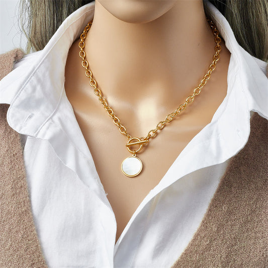 Collana con Pendente Rotondo Geometrico Retrò Minimalista in Acciaio al Titanio Placcato con Chiusura ad Anello