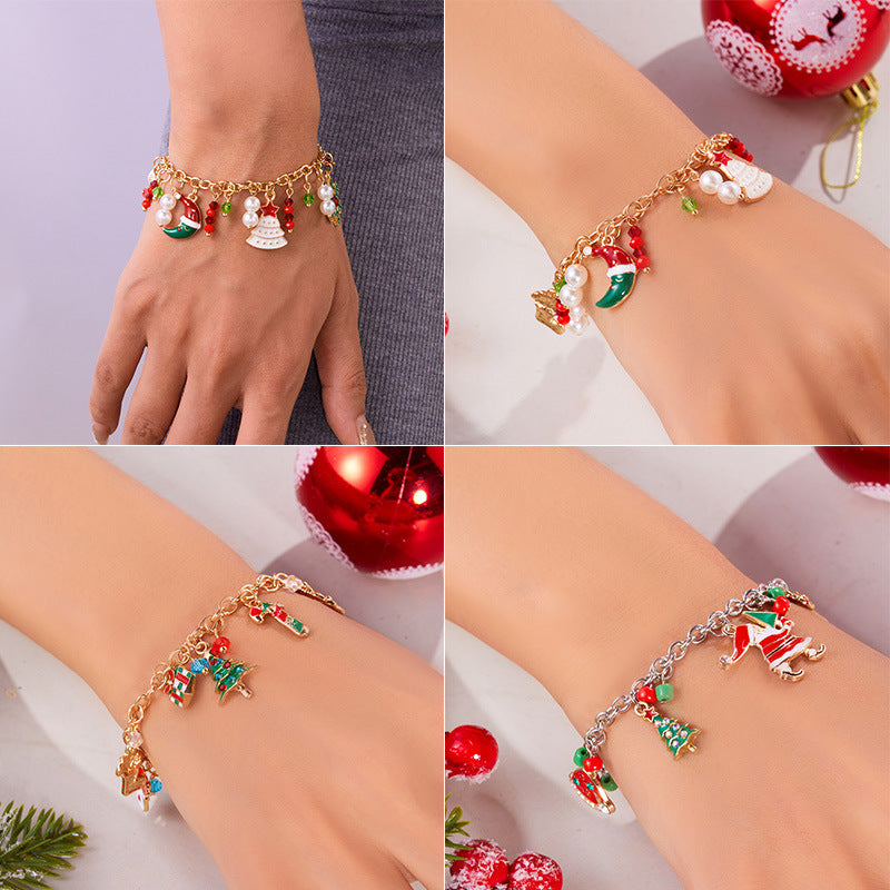 Bracciale con ciondoli natalizi festivi di Babbo Natale e fiocchi di neve per donne, gioielli artigianali in lega per le feste