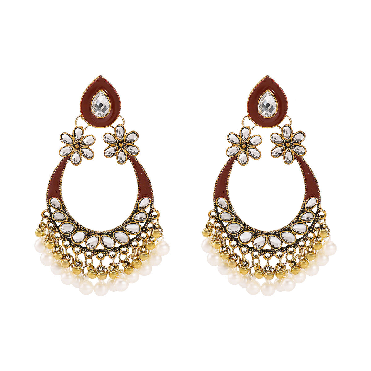 Pendientes de aleación con forma de gota de agua, estilo étnico vintage, con incrustaciones de perlas simuladas y detalle de borla para mujer