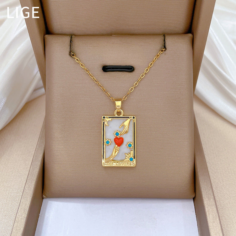 Minimalist Geometric Tarot Card Pendant Necklace in Titanium Steel with Hand-in-Hand Design and Moon Motif