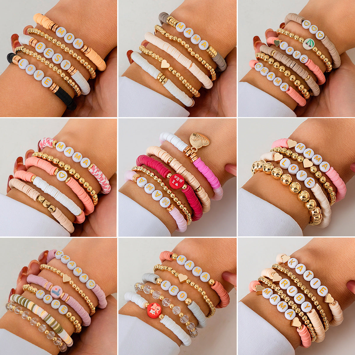 Sweet Plated Alloy Heart Letter Charm Bracelet Set for Women Mother's Day Gift