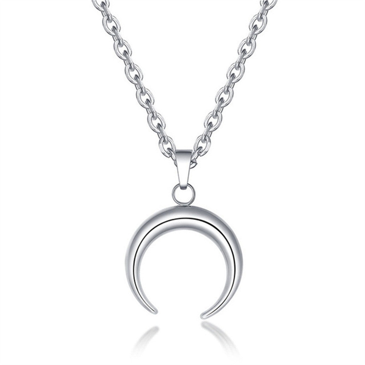 Natural Minimalist Crescent Moon Pendant Necklace in Stainless Steel with Polished Titanium Steel Charm on Adjustable Chain