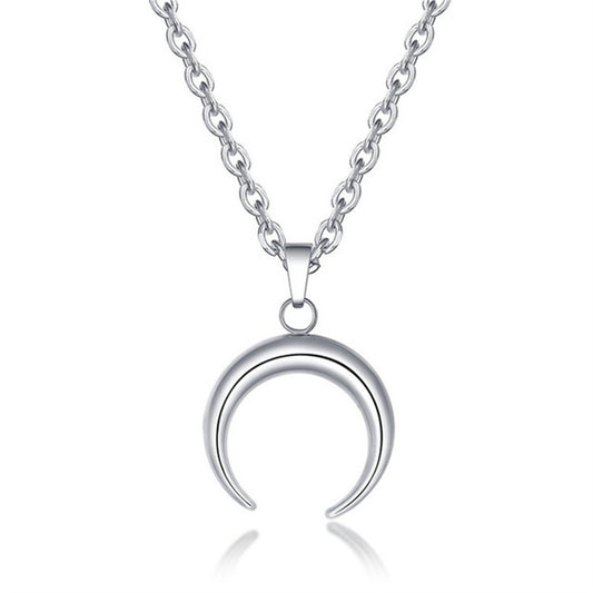Natural Minimalist Crescent Moon Pendant Necklace in Stainless Steel with Polished Titanium Steel Charm on Adjustable Chain