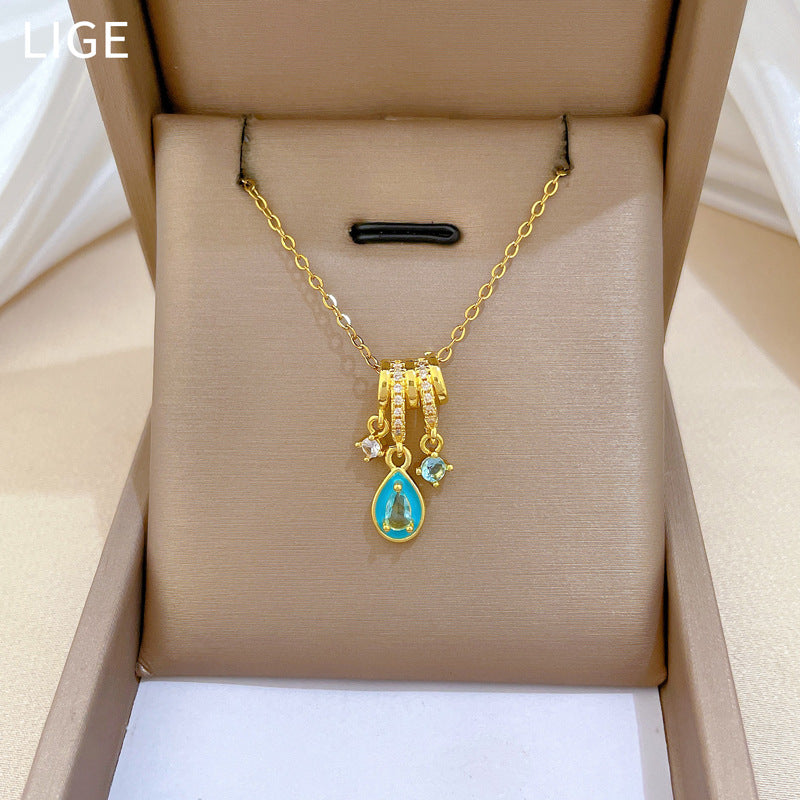 Sweet Minimalist Teardrop Geometric Rhinestone Pendant Titanium Steel Necklace for Unisex