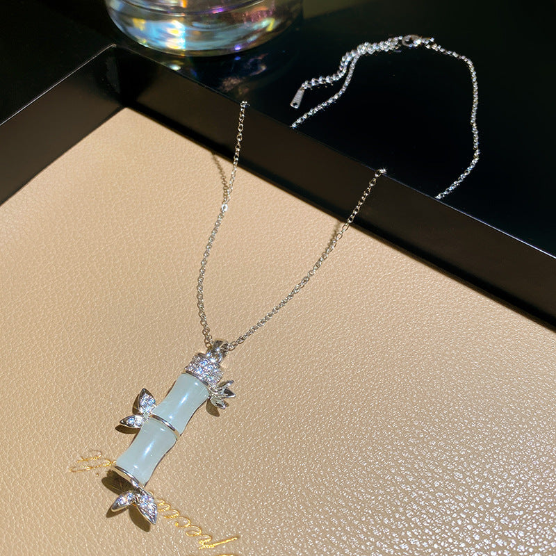 Minimalist Sweet Sporty Full Cubic Zirconia Bamboo Heart Titanium Steel Plated Necklace with Brass Pendant Cable Chain Unisex