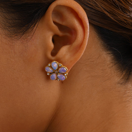 Cute Floral Stainless Steel Plated Earrings with Cubic Zirconia and Natural Gemstone for Women
