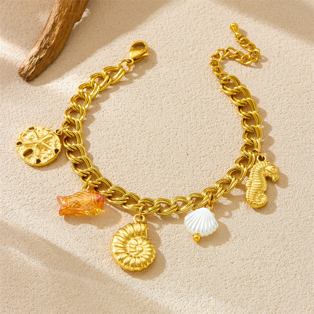 Fashion Ocean Animal Pendant Bracelet with Stainless Steel Chain Starfish Conch Seahorse Goldfish Design for Women