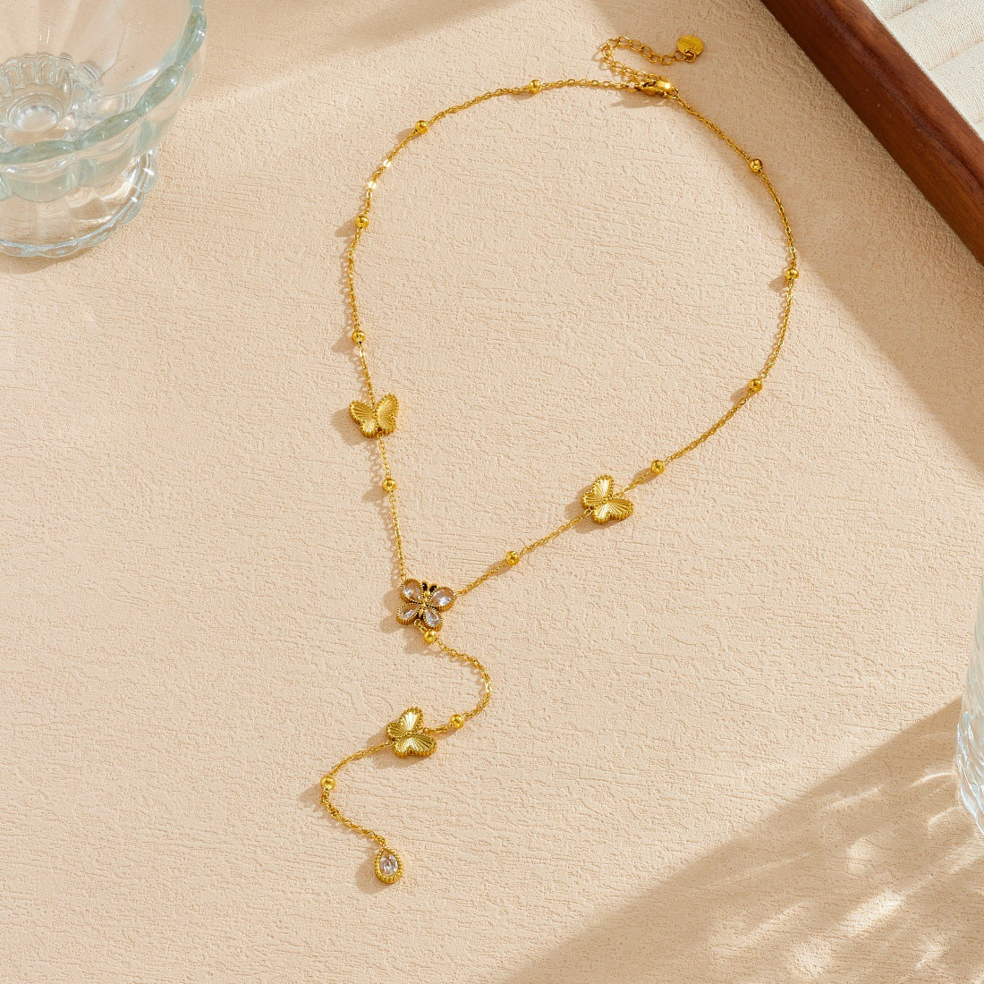 Elegant Gold Plated Butterfly Teardrop Rhinestone Stainless Steel Y-Necklace with Tassel