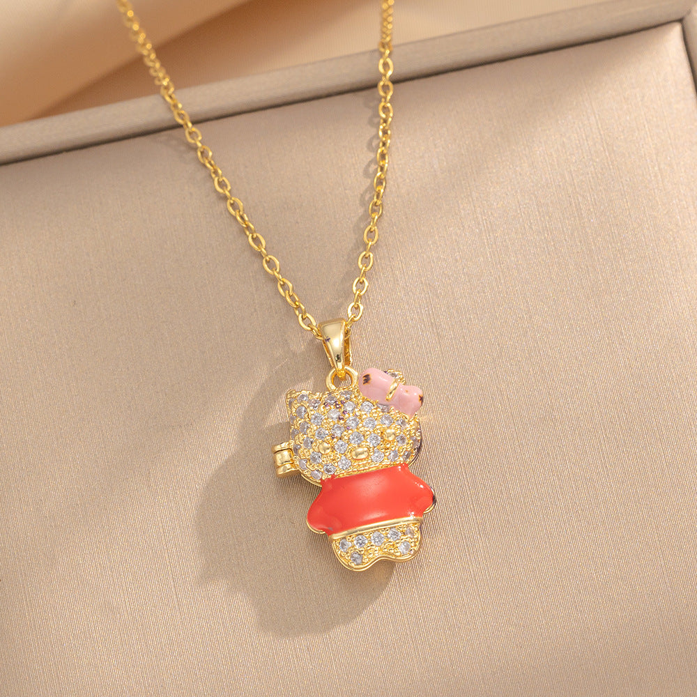 Minimalist Cute Bear Pendant Necklace for Women Titanium Steel Plated Locket Chain with Rhinestone Inlay
