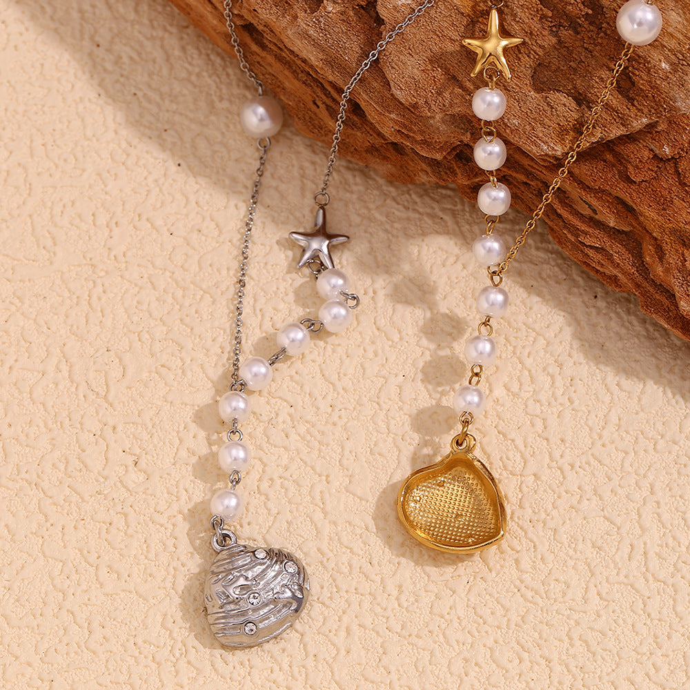 Vintage-Inspired Asymmetrical Seashell Pendant Necklace for Women in Stainless Steel with 18K Gold Plating and Rhinestone Accents