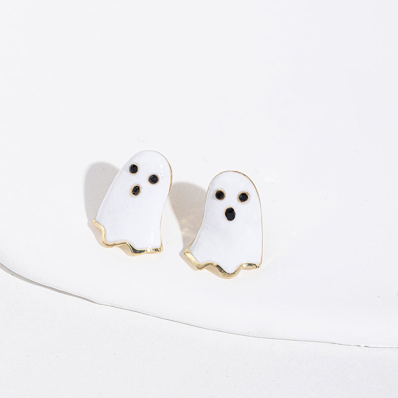 Elegantes aretes de calavera de Halloween con detalles de diamantes de imitación en aleación de zinc, con motivos de brujas, calabazas y murciélagos.