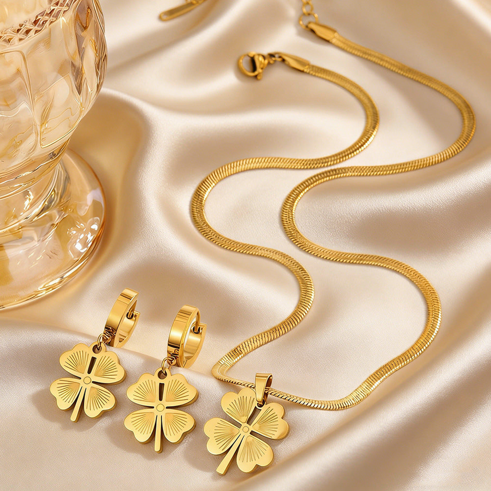 Sweet Geometric Floral Plated Titanium Steel Four-Leaf Clover Necklace and Earring Set for Women