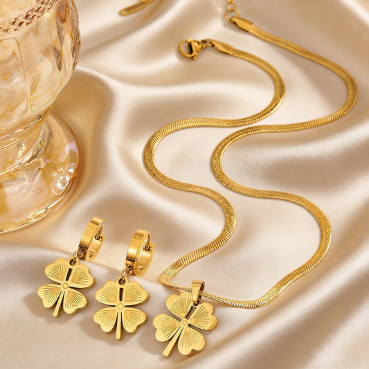 Sweet Geometric Floral Plated Titanium Steel Four-Leaf Clover Necklace and Earring Set for Women
