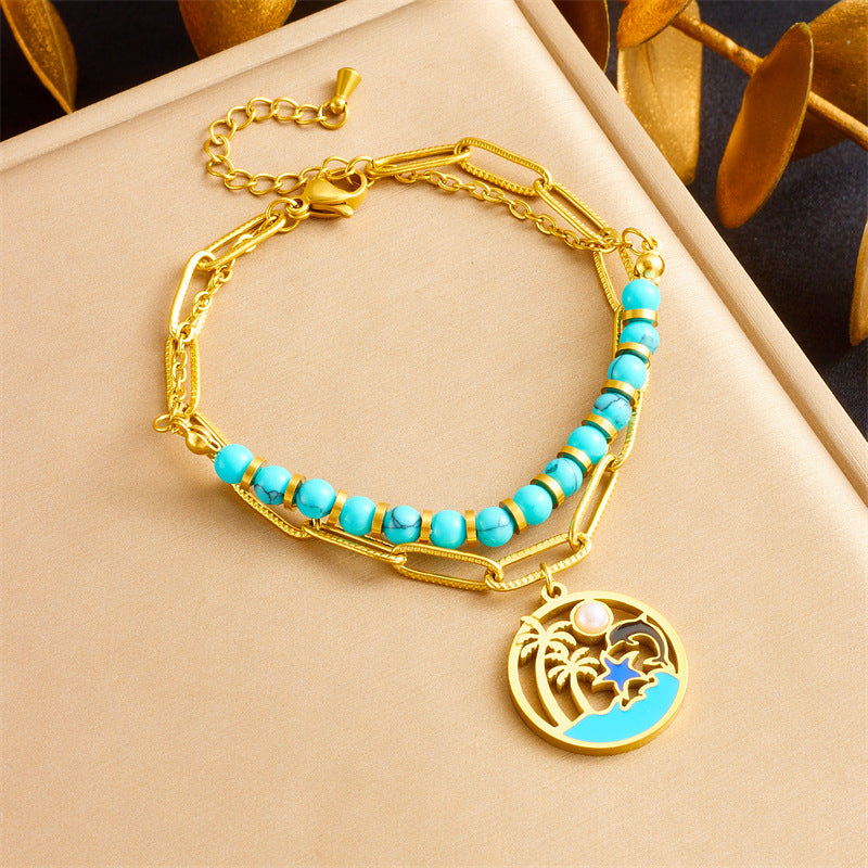 Fashion Elegant Stainless Steel Plated Ocean Animal Pendant Double Layer Beaded Necklace and Bracelet Set for Women