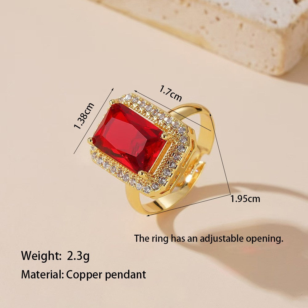 Luxury Minimalist Adjustable Open Ring for Women with Gold-Plated Copper Band and Zircon Stone Accent in Heart and Floral Shape