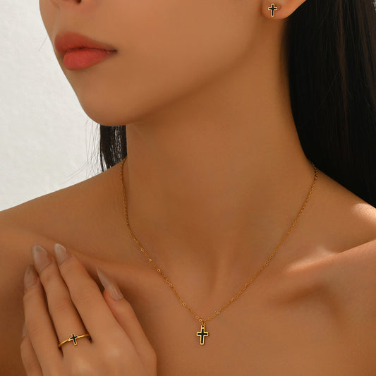 Set collana con ciondolo a croce geometrica di moda con finitura in smalto per donna, include orecchini e bracciale