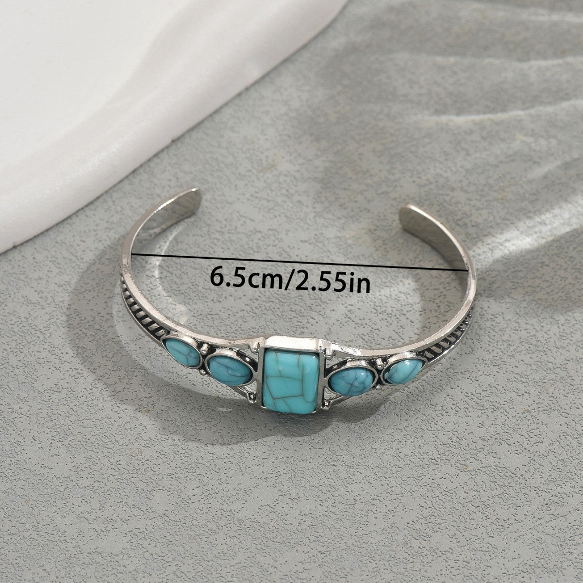 Pulsera de turquesa con incrustaciones geométricas vintage para mujer, brazalete ajustable con patrones circulares y de anillos