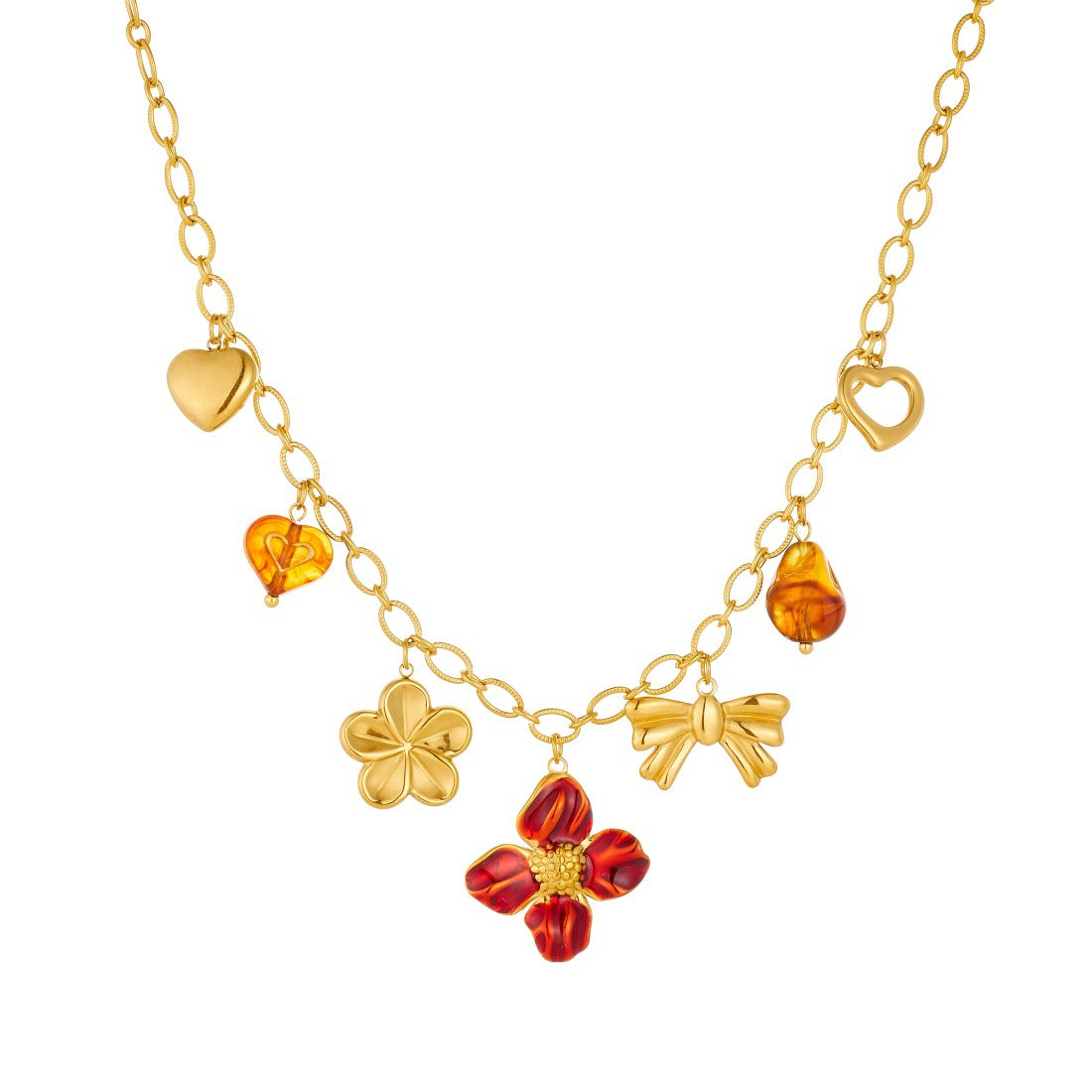 Vintage Gold Plated Drip Oil Floral Heart Stainless Steel Necklace for Women