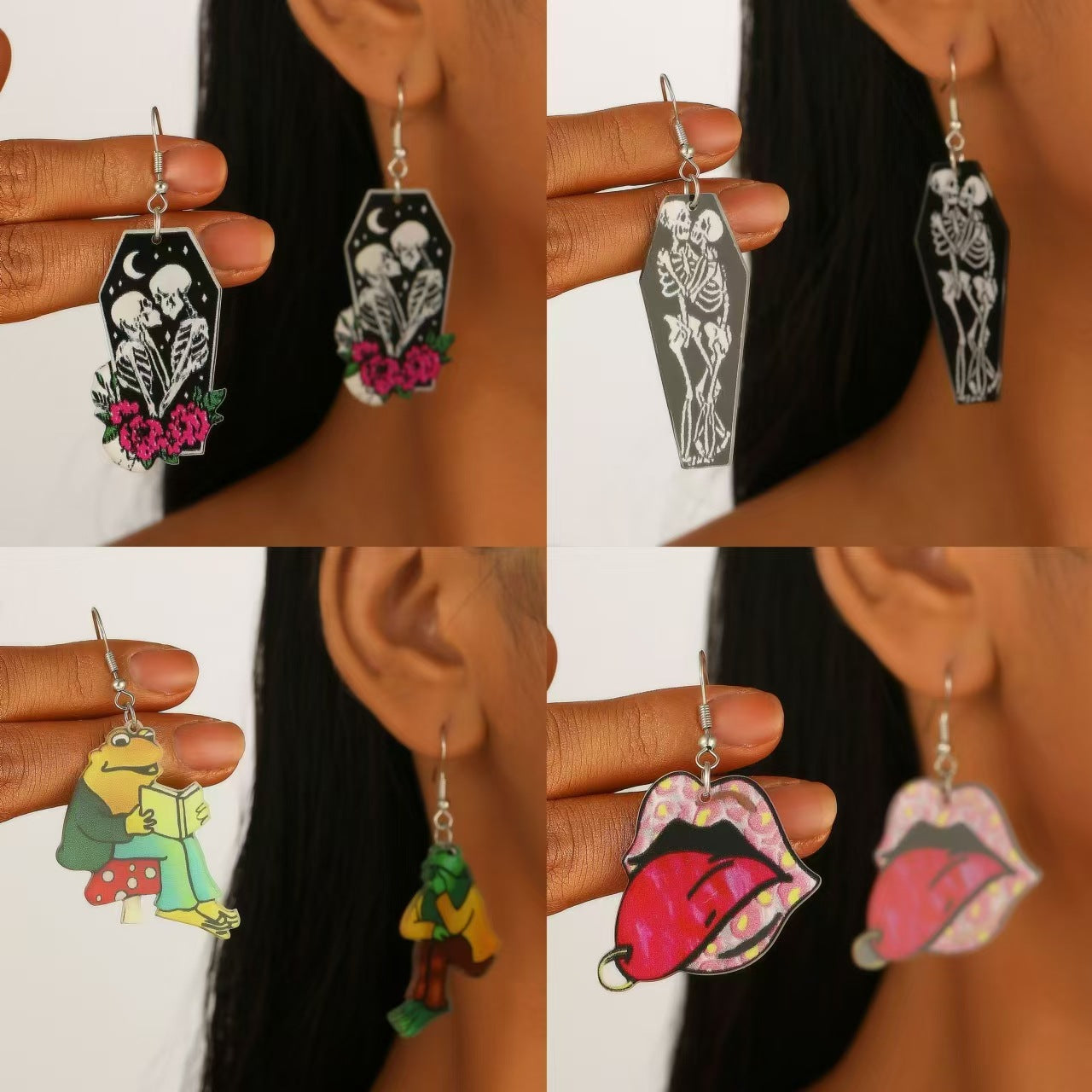 Pendientes acrílicos de dibujos animados de calavera de cereza de Halloween y rana solitaria para mujer con postes de oro de 14 quilates