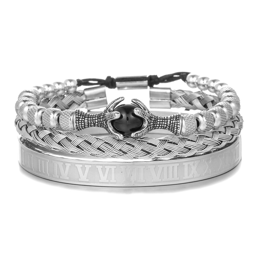 Personalized 10mm Tiger's Eye Titanium Steel Rope Chain Bracelet Set with Dragon Claw Beads