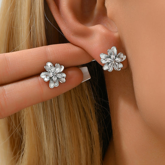 Orecchini a perno con strass floreali dolci e minimalisti da donna, con base in rame e perni in acciaio inossidabile