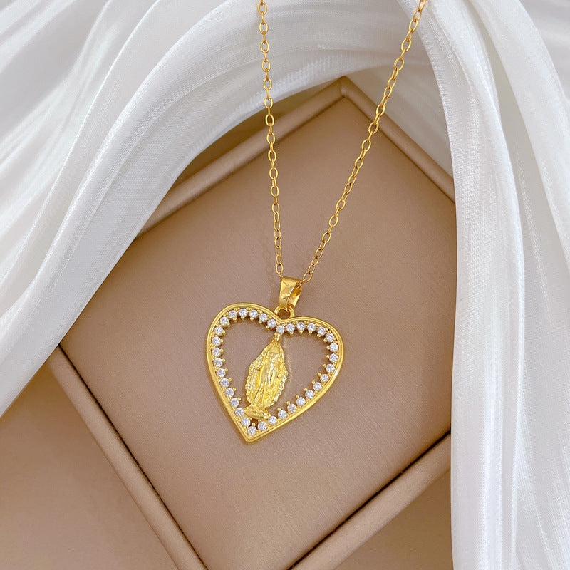 Sweet Minimalist Heart Geometric Cartoon Rhinestone Pendant Titanium Steel Necklace for Unisex