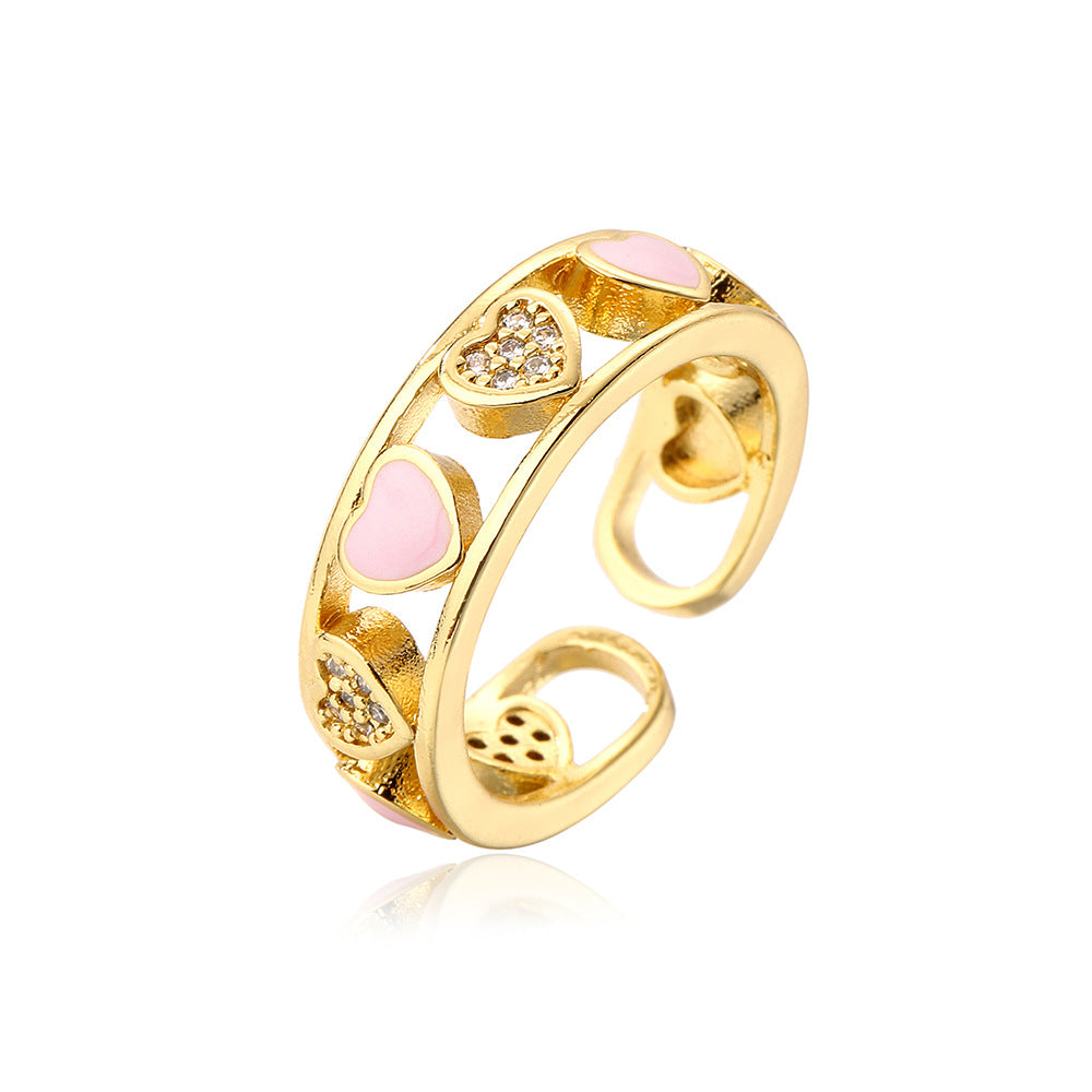 Anello geometrico minimalista in rame placcato oro 18K con intarsio a cuore in strass da donna