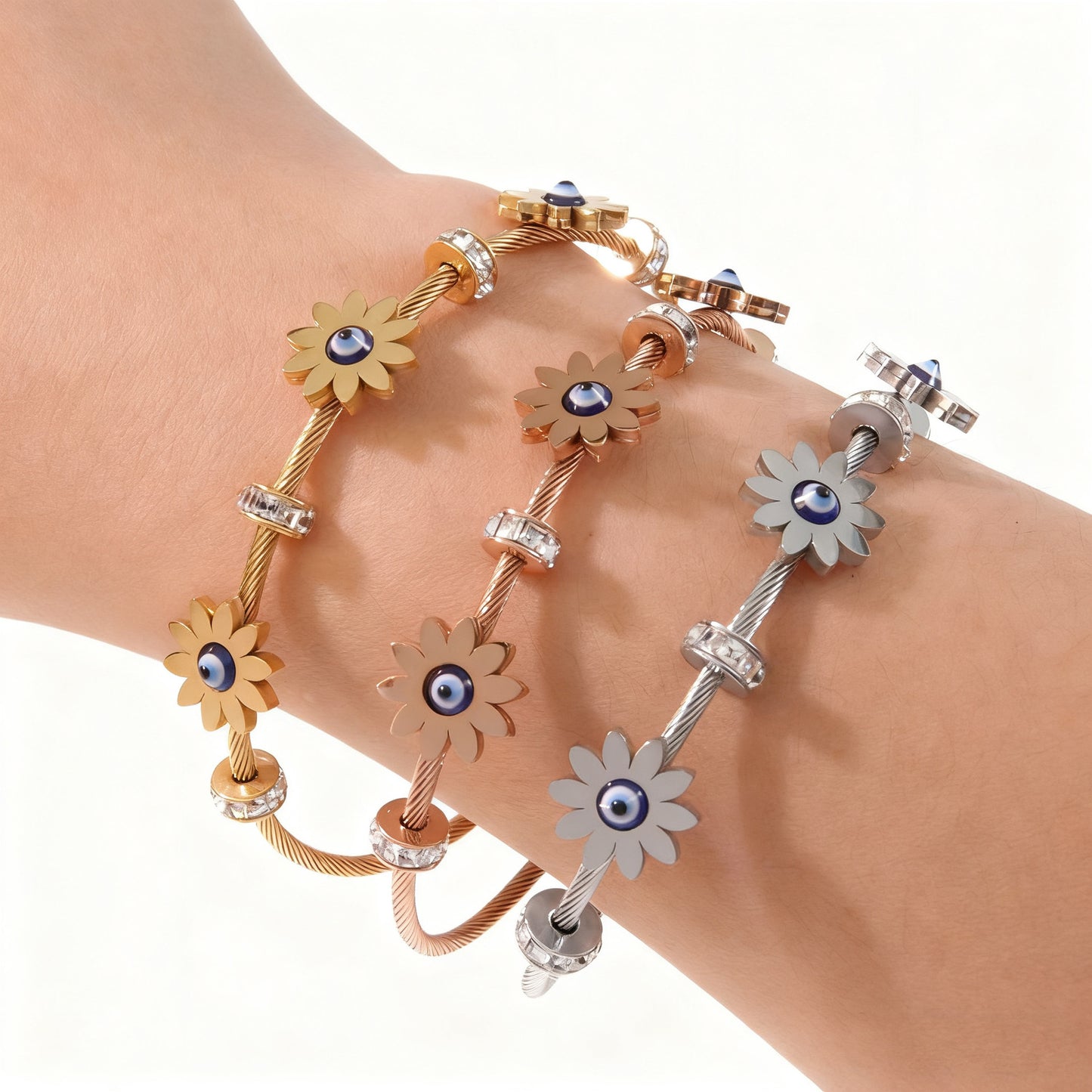 Casual Round Geometric Plated Stainless Steel Bracelet with Evil Eye and Sunflower Design