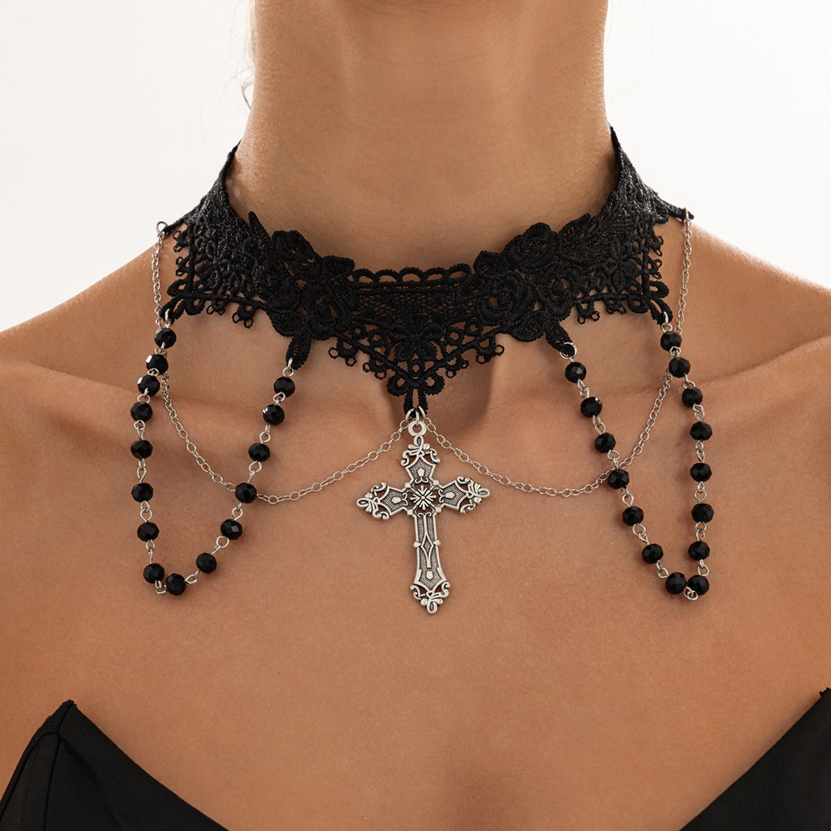 Vintage Gothic Geometric Cross Zinc Alloy Pendant Iron Plated Necklace with Crystal Tassel for Women