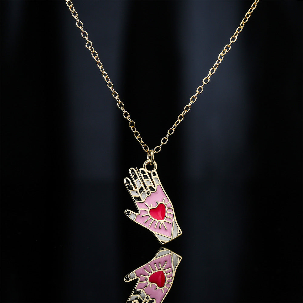 Minimalist Hand-Shaped Pendant Necklace in Copper with 18K Gold Plating and Enamel Detail