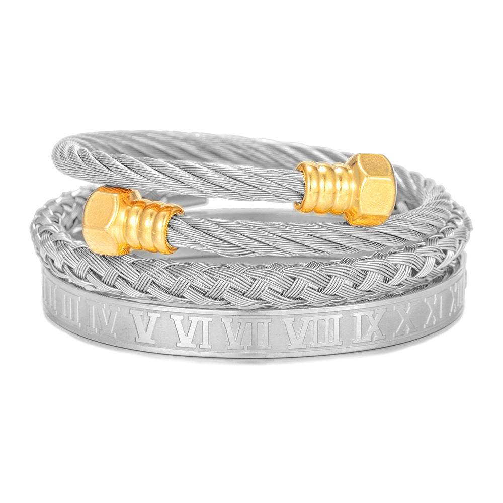 Punk Geometric Round Letter Titanium Steel Plated Open Cuff Bracelet Set for Unisex