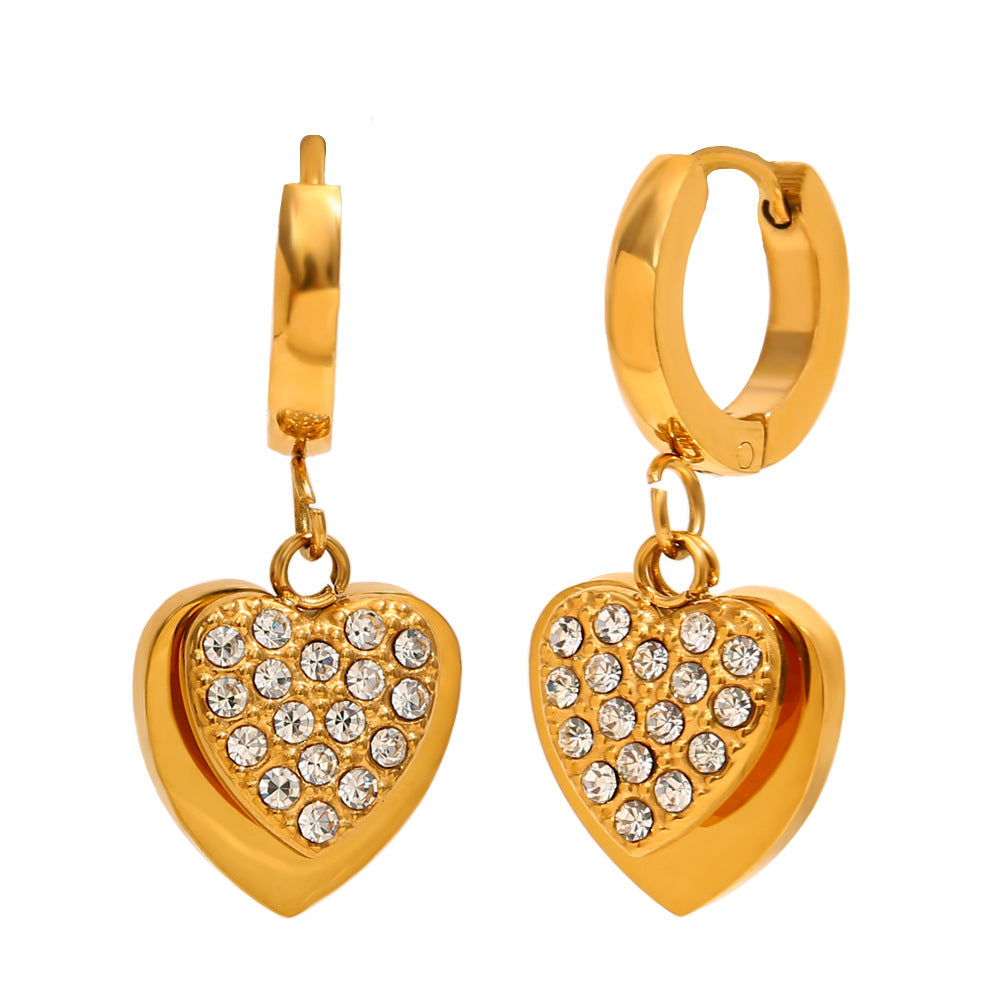 Minimalist Heart-Shaped Stainless Steel Earrings with 18K Gold Plating and Zircon Accents for Women