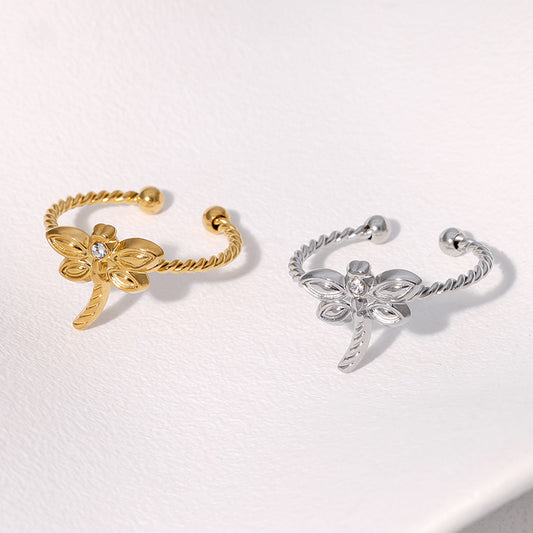 Anello da dito minimalista a forma di libellula in acciaio inossidabile con finitura placcata da donna