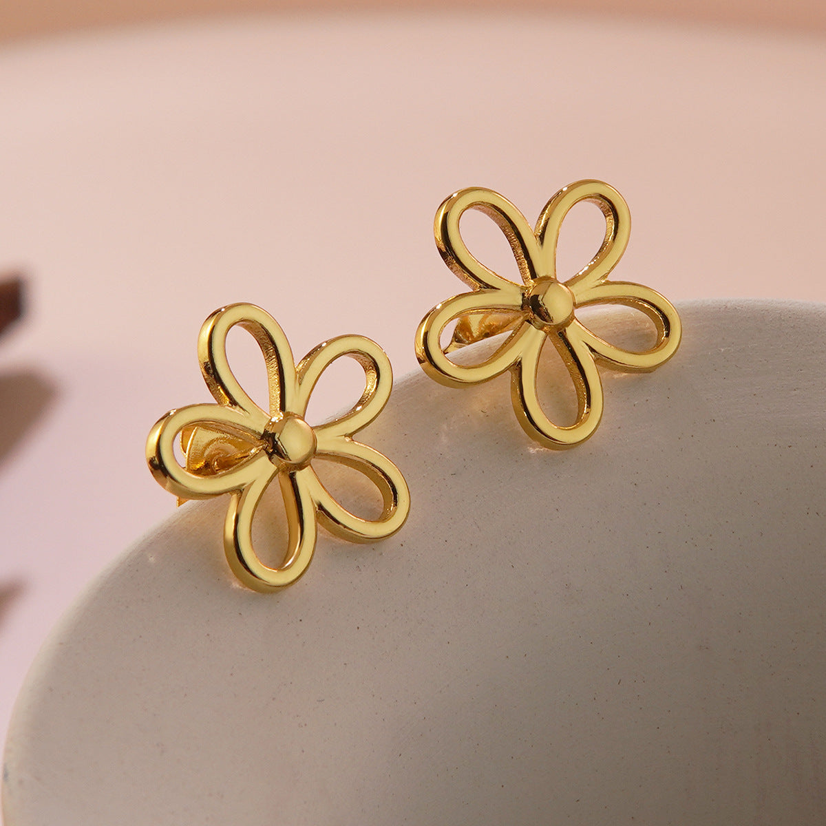 Sweet Minimalist Floral Hollow Five-Petal Stainless Steel Stud Earrings for Women