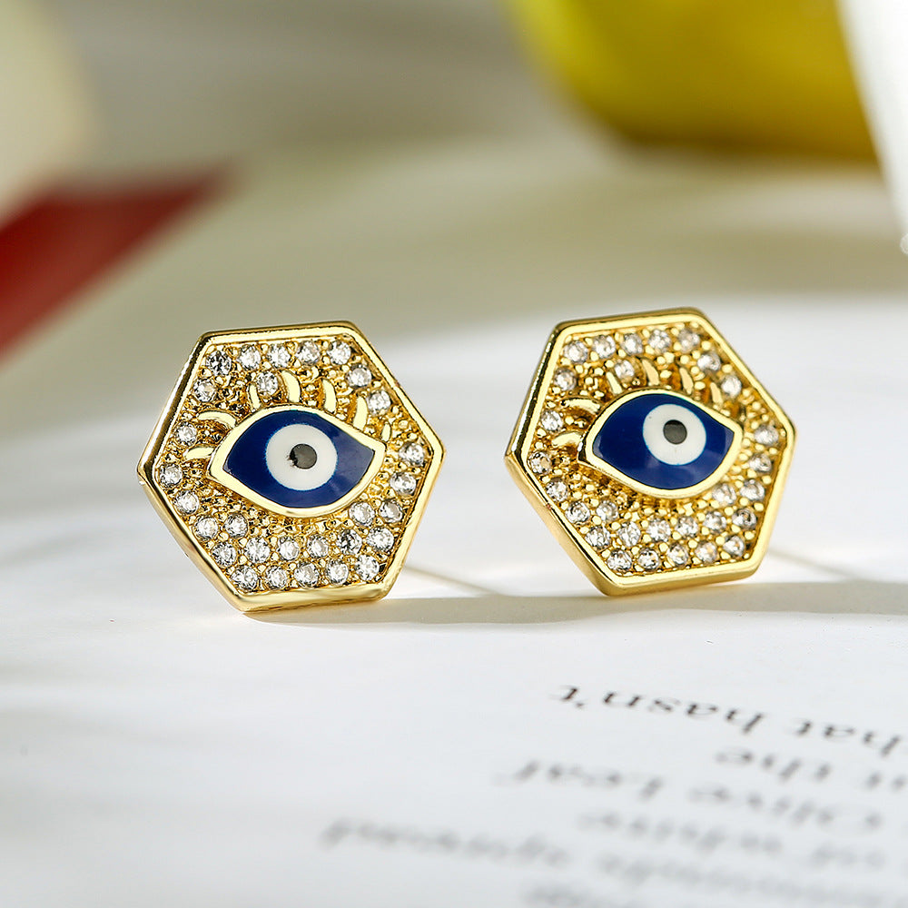 Geometric Demon Eye Earrings for Women with Copper Base Plated in Real Gold and Micro-Paved Zirconia with Enamel Detailing