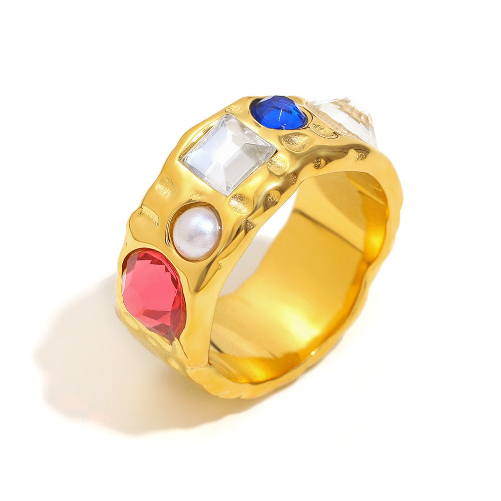 Anello geometrico da donna in acciaio inossidabile placcato oro 18 carati con zirconi